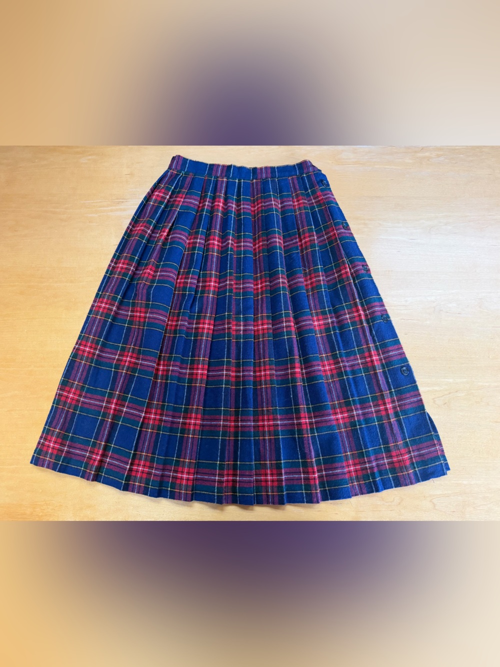 Vintage Plaid Pleated Skirt Navy  Red Wool Feeling Womens Size 10